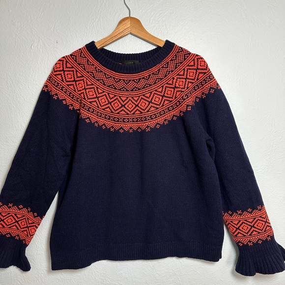 J Crew Women Fair Isle Sweater Merino Wool Blend Ruffle Sleeve Navy Orange Large - Picture 8 of 10
